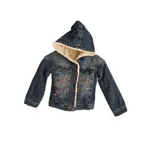 Woolworths Denim Jean Jacket Girls Hooded Snap Button Faux Fur Size 4/5 EUC
